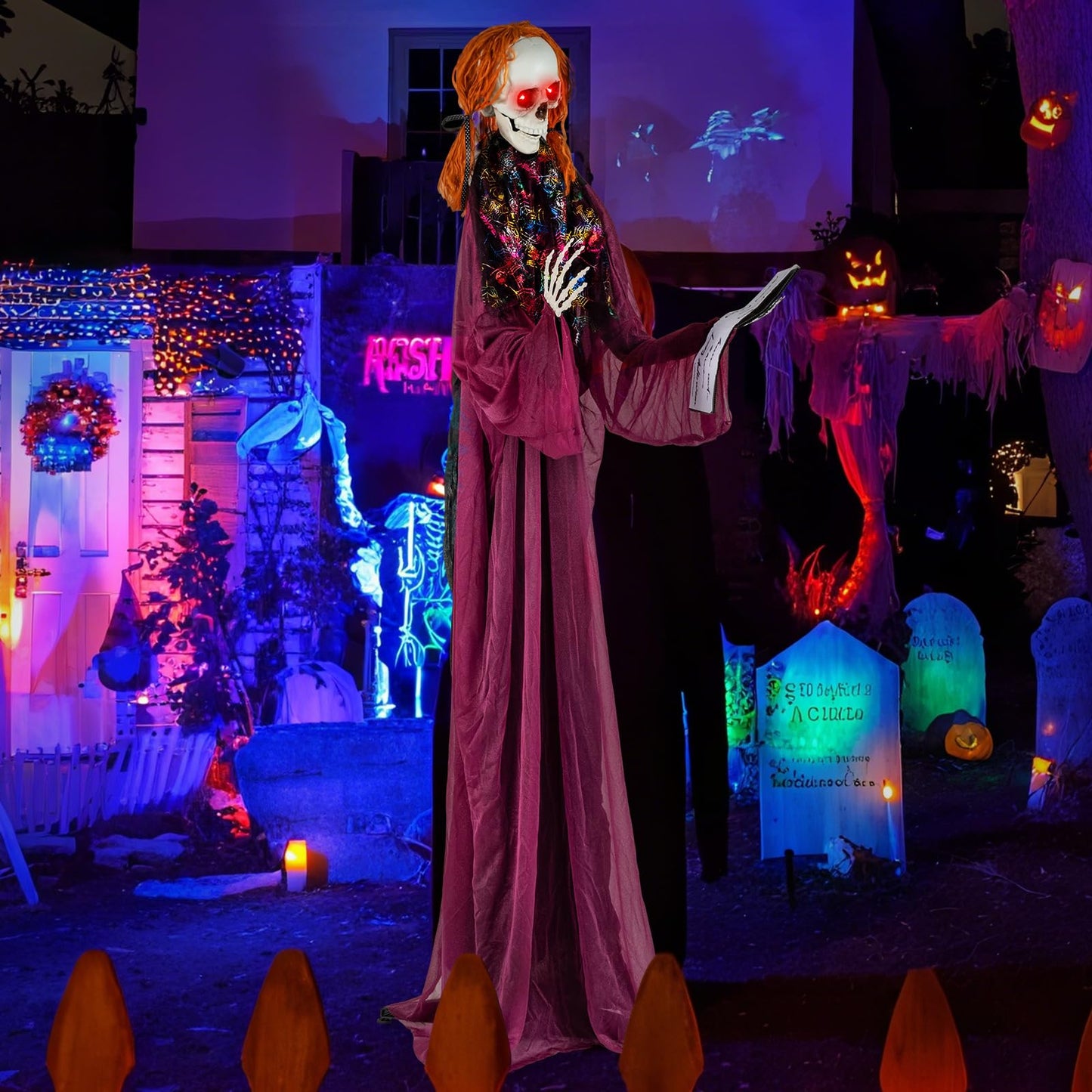 Tangkula 6 Feet Halloween Animatronic Standing Girl Holding Book with Sound