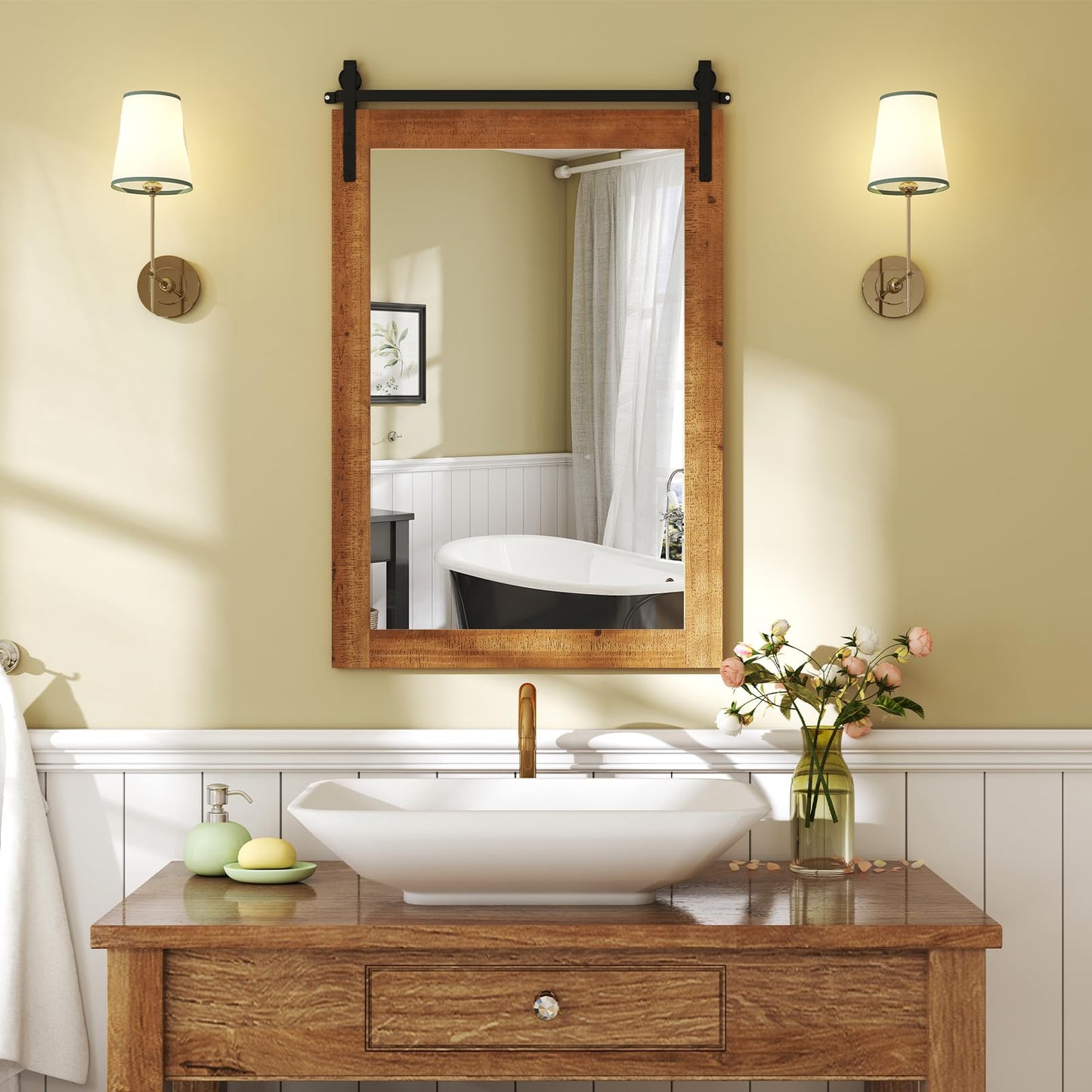 Tangkula Farmhouse Wall Mirror with Wood Frame & Metal Bracket（ 36"L x 24"W）
