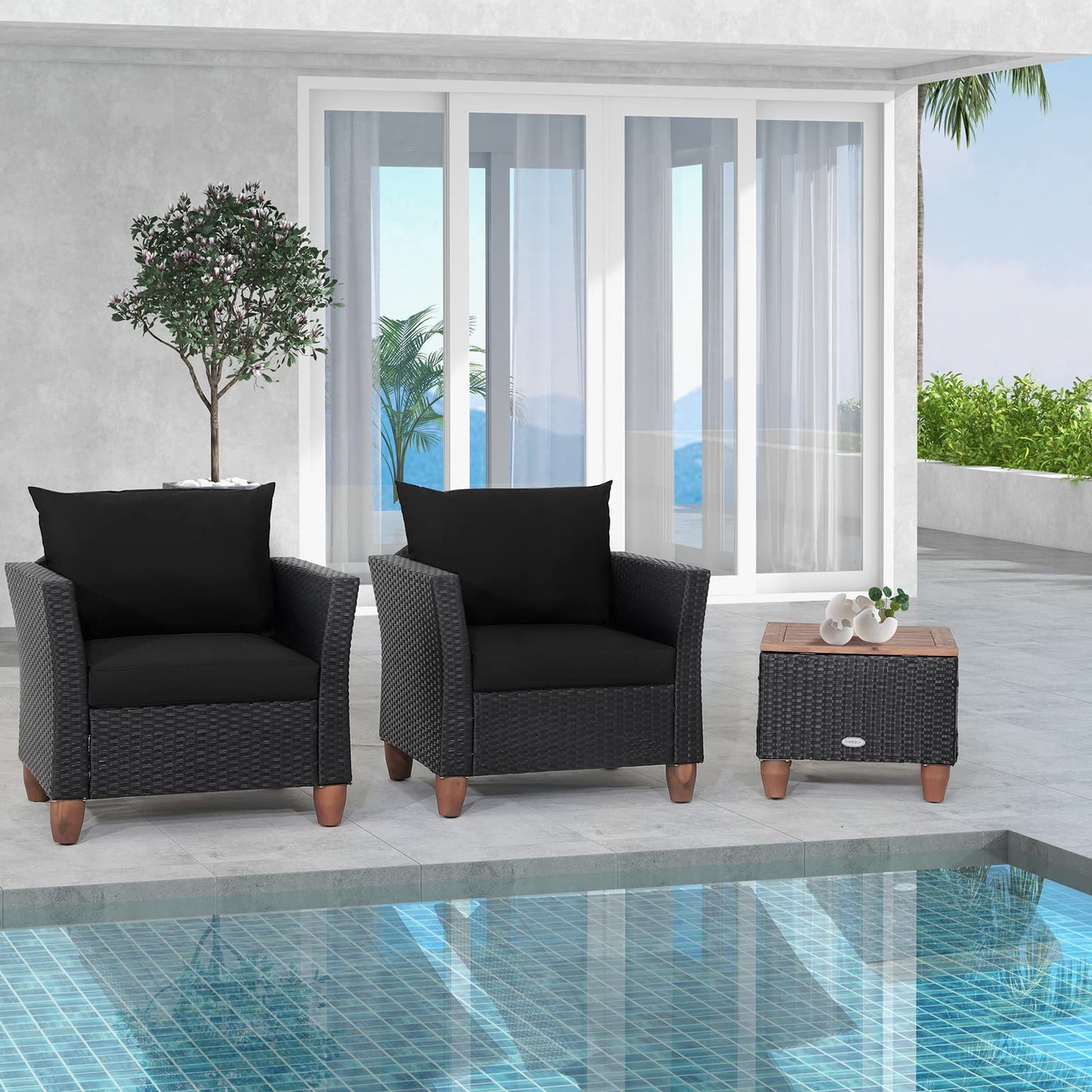 Tangkula 3 Pieces Patio Porch Furniture Set, PE Rattan Wicker Chair Conversation Set with Cushions and Storage Table
