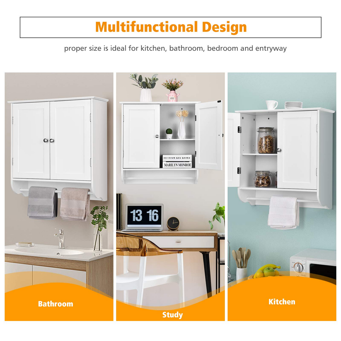 Tangkula Bathroom Cabinet Wall Mounted, Bathroom Medicine Cabinet with Towel Bar & Double Door & Adjustable Shelf