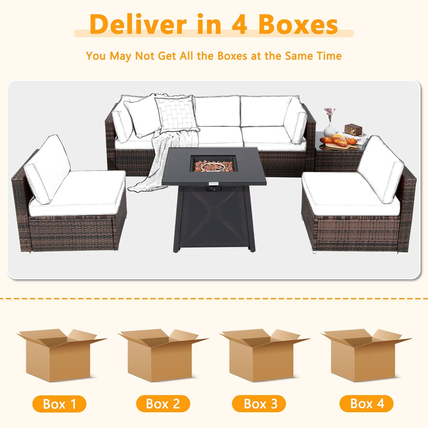 Tangkula 7 Piece Patio Furniture Set w/Fire Pit Table, Patiojoy Outdoor Rattan Conversation Sofa Set