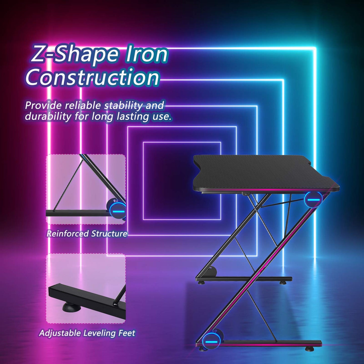 Tangkula Gaming Desk with LED Lights & Large Carbon Fiber Surface