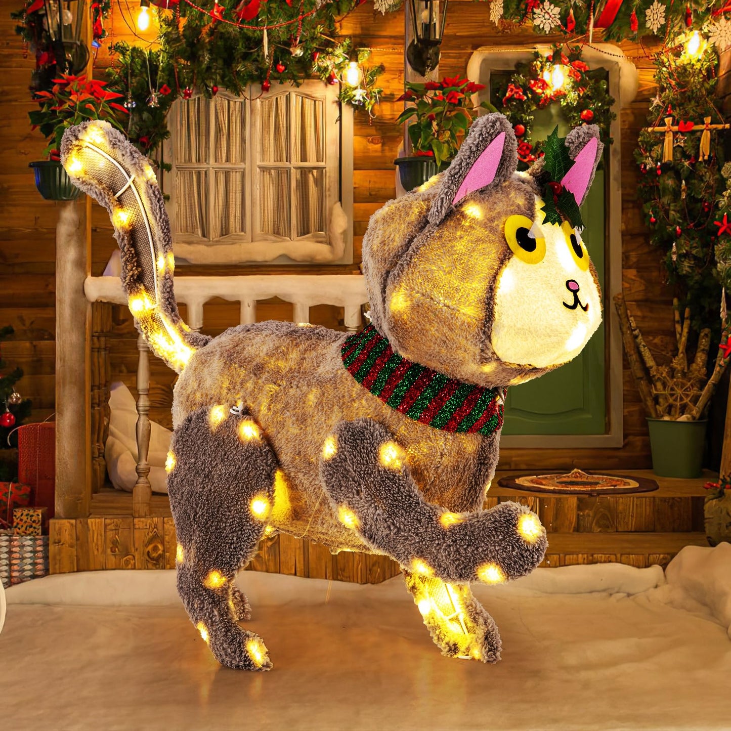 Tangkula 23 Inches Christmas Decoration Pre-lit 88 LED Light Up 3D Cute Cat with Warm White Light and Plug