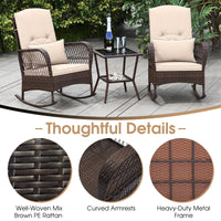 Tangkula 3 Piece Patio Rocker Set, Patiojoy Outdoor Wicker Rocking Chairs w/Double-Layer Coffee Table
