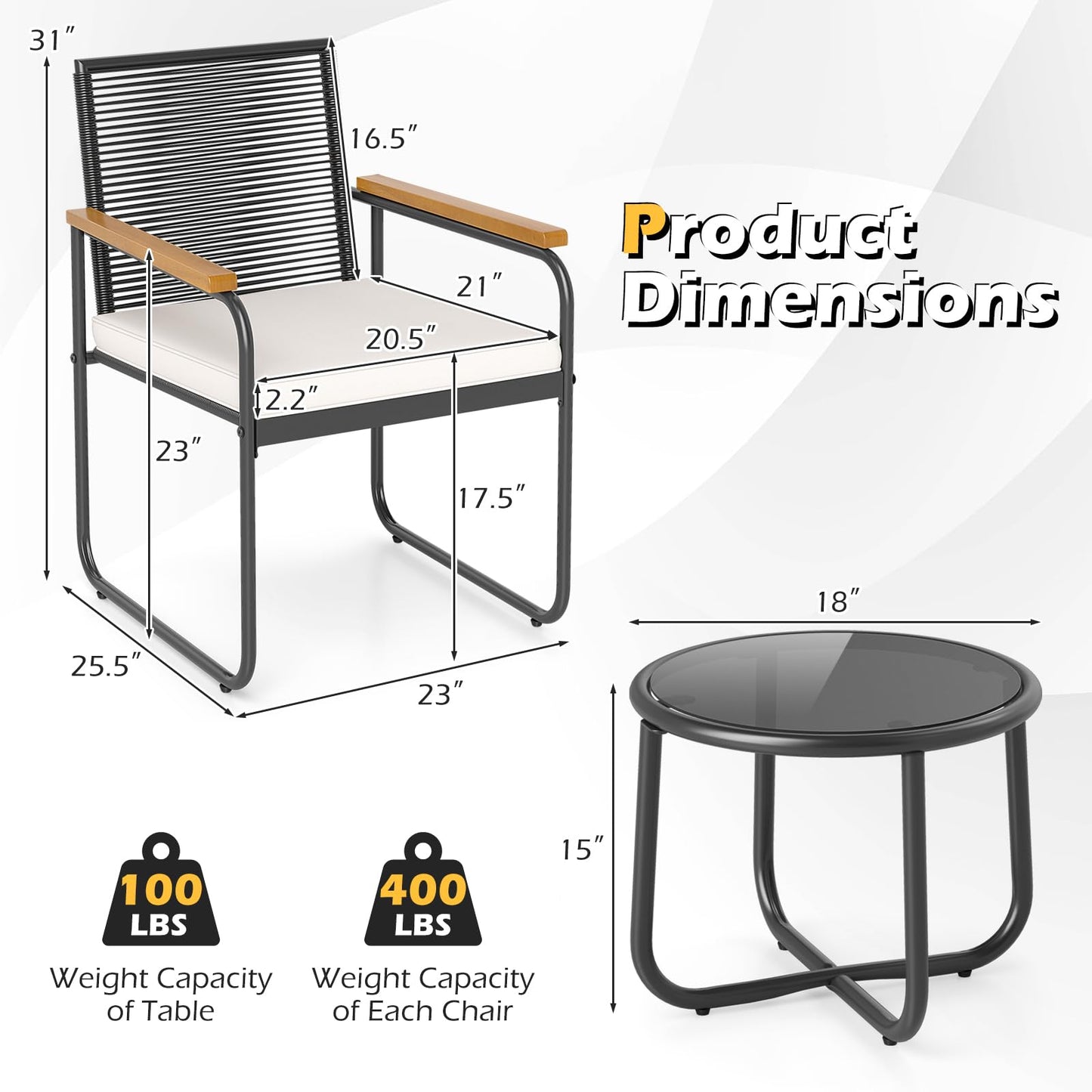Tangkula 3 Pieces Patio Furniture Set PE Rattan Porch Chairs with Round Tempered Glass Top Table