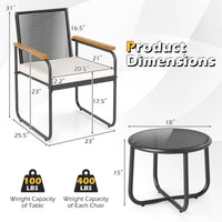 Tangkula 3 Pieces Patio Furniture Set PE Rattan Porch Chairs with Round Tempered Glass Top Table