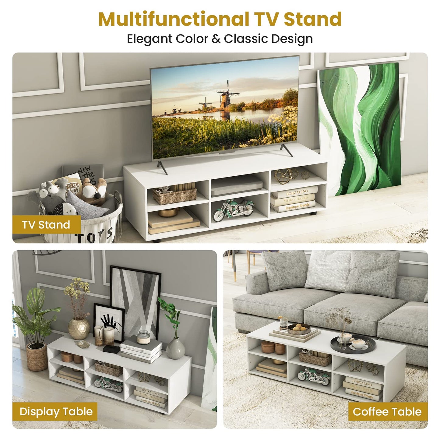 Tangkula 6 Cubby TV Stand for TVs up to 55 Inches, White Wood Entertainment Center with 6 Storage Cubbies & 5 Positions Adjustable Shelves