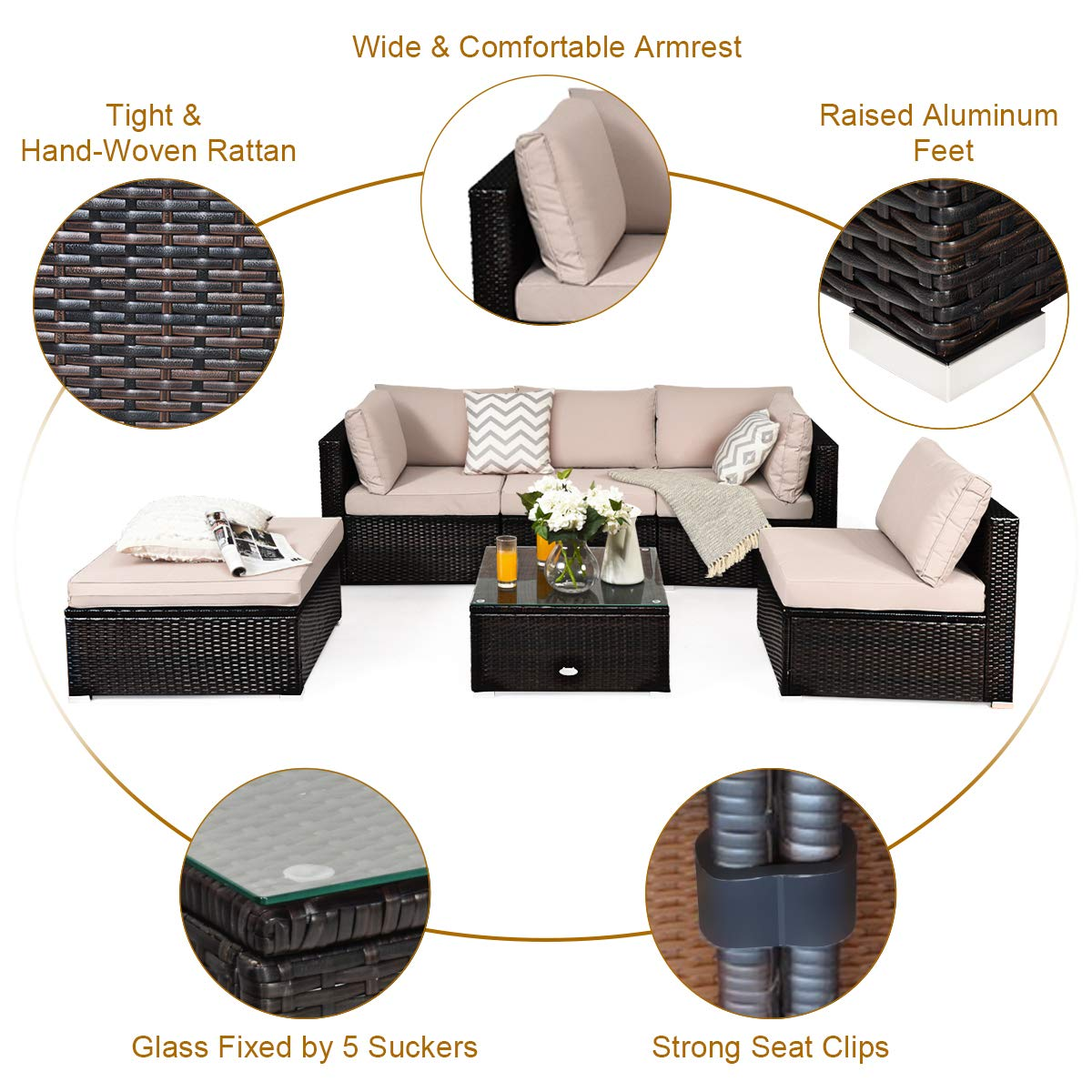 Tangkula 6 Piece Patio Furniture Set,Durable Steel Frame PE Rattan Wicker Sectional Sofa Set