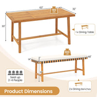 Tangkula 63” Outdoor Acacia Wood Rectangular Table with 1.97” Umbrealla Hole & 2 Cushioned Bench