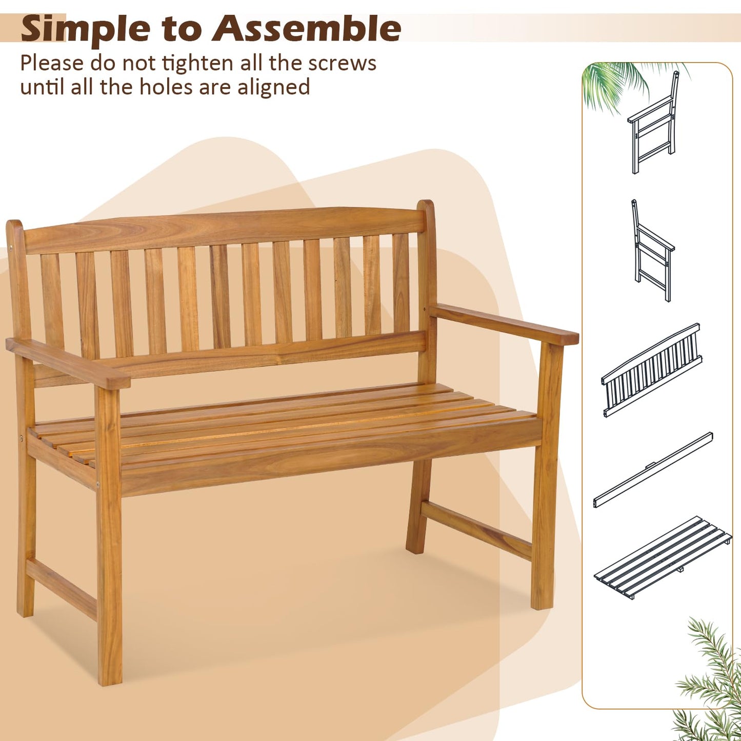 Tangkula Outdoor Acacia Wood Bench, 2-Person Garden Bench with Backrest and Armrests