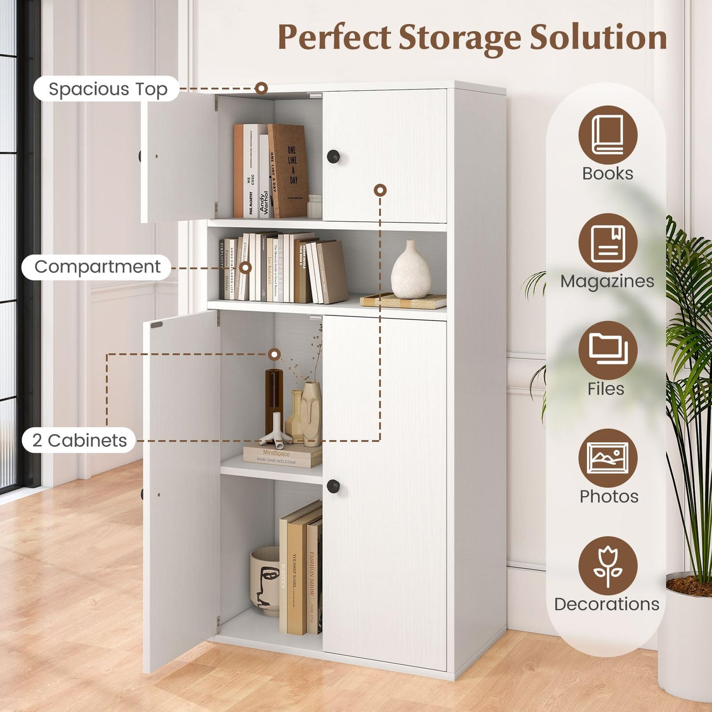 Tangkula 44” Tall Bookshelf with Doors 5-Tier Floor Standing