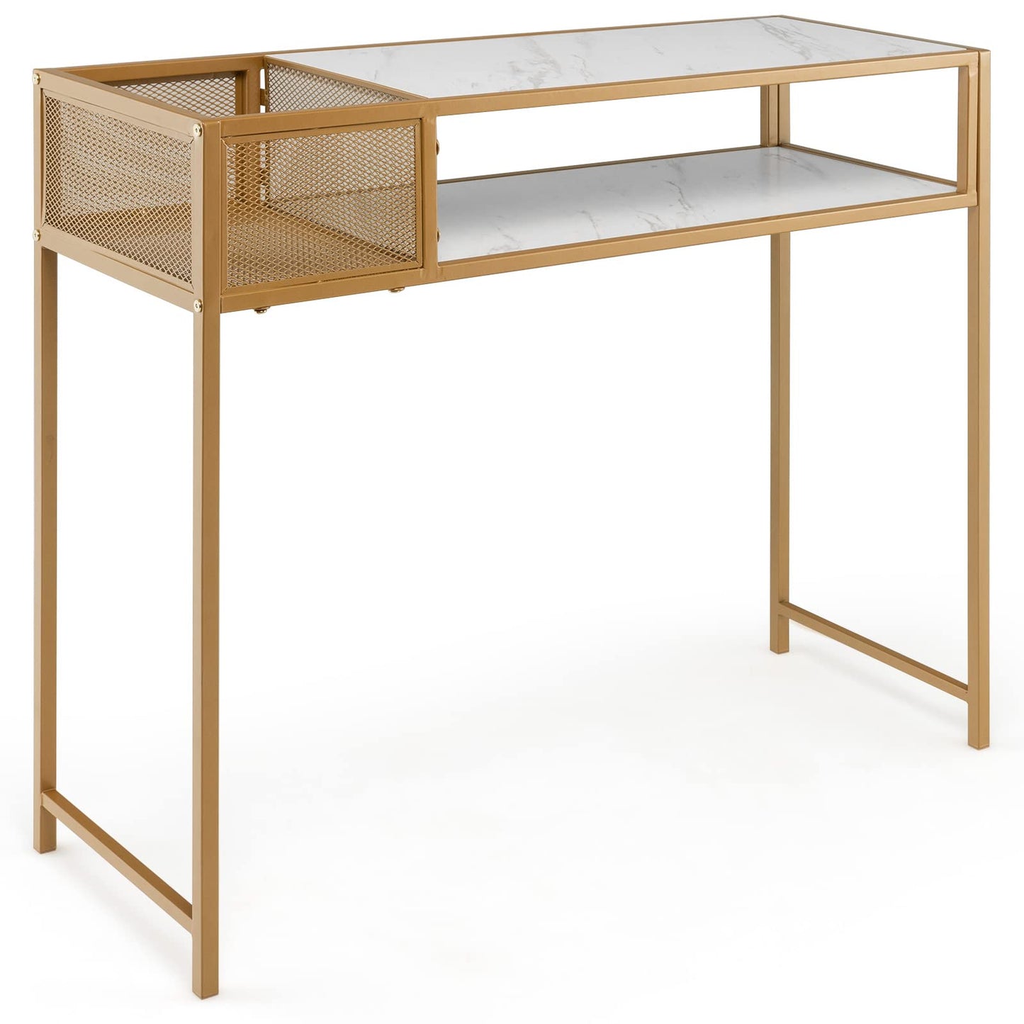Tangkula Console Table, 2-Tier Faux Marble Sofa Table with Open Storage Shelf, Gold Steel Frame, Modern Entryway Table