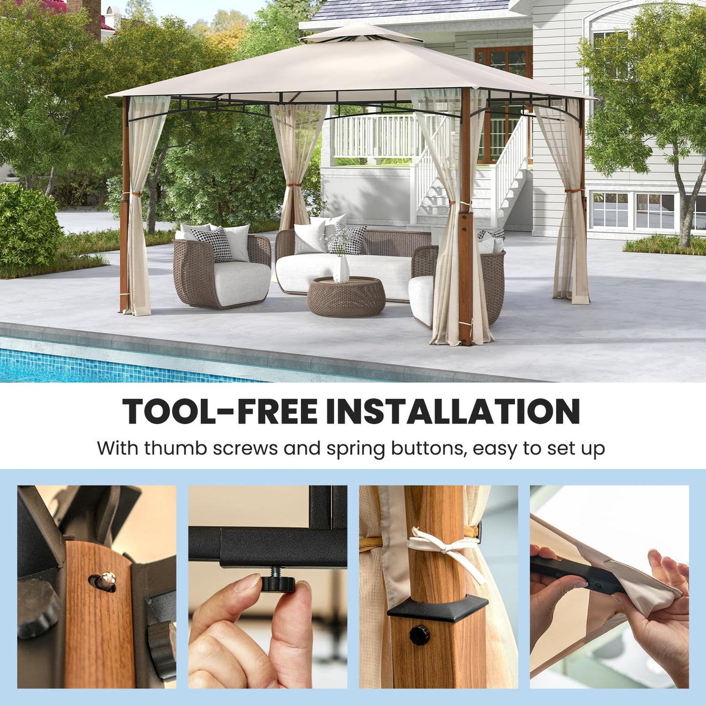 Tangkula 10x12 Ft Gazebo with Netting, 2-Tier Patio Gazebo with Heavy Duty Metal Frame