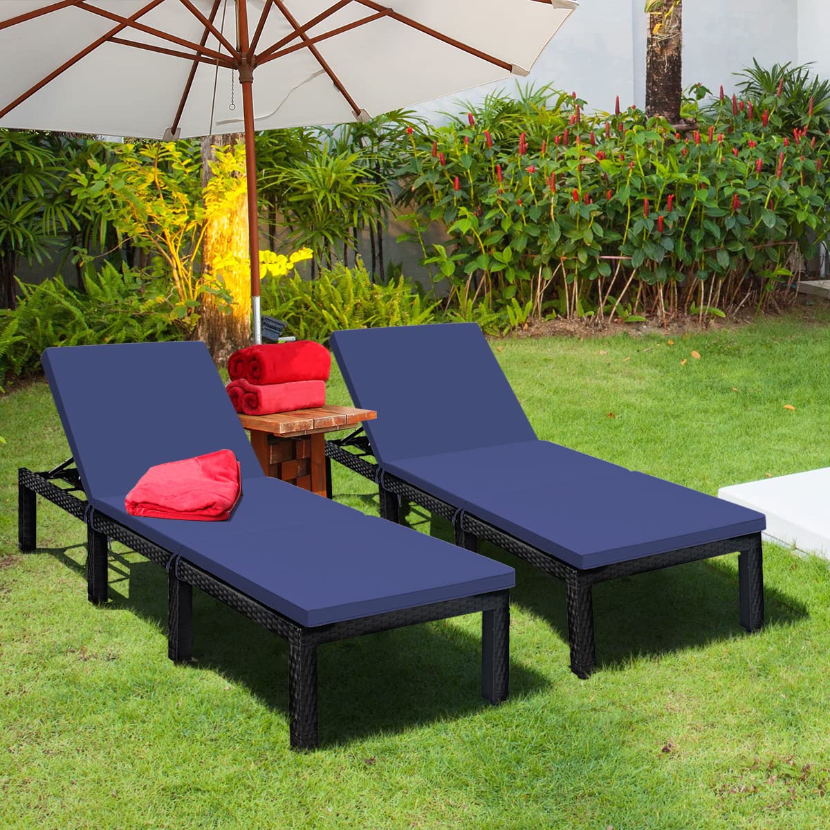 Tangkula Patio Wicker Lounge Chair, Outdoor Rattan Adjustable Reclining Backrest Lounger Chairs