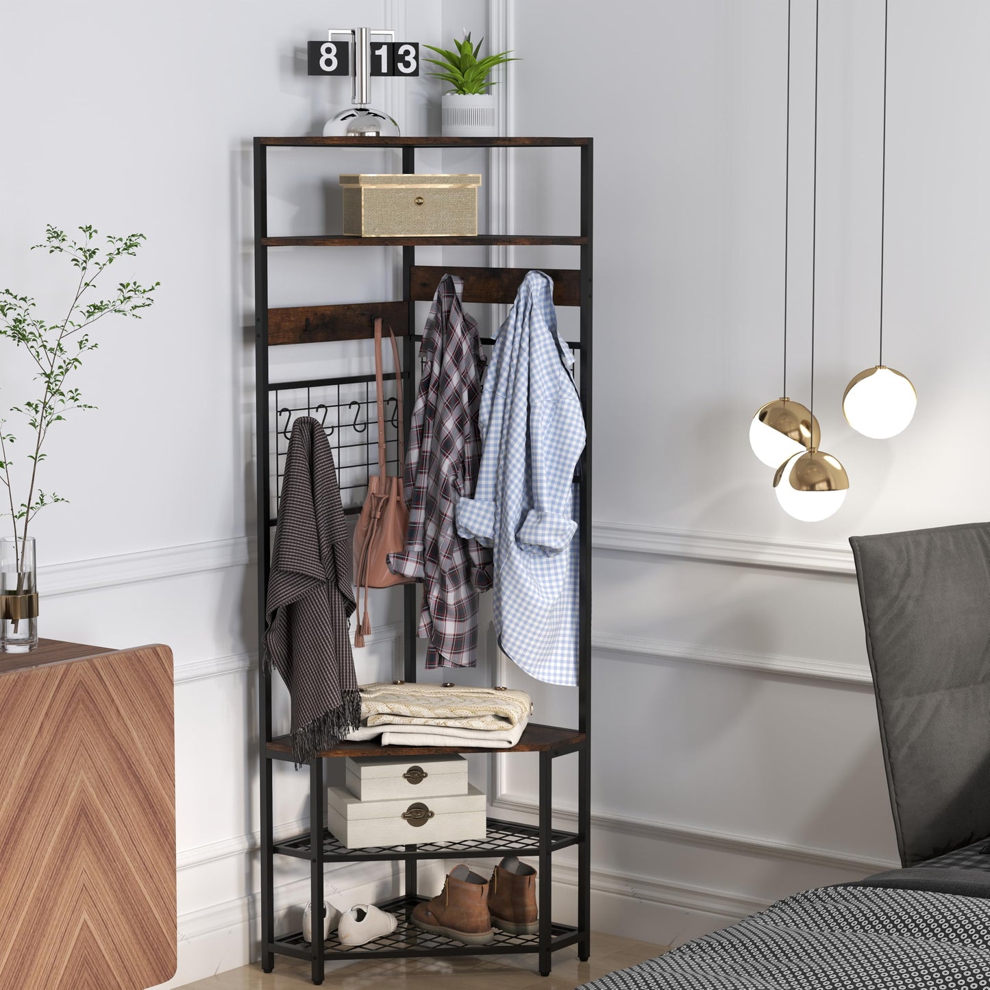 Tangkula 5-Tier Corner Hall Tree with Shoe Storage Bench