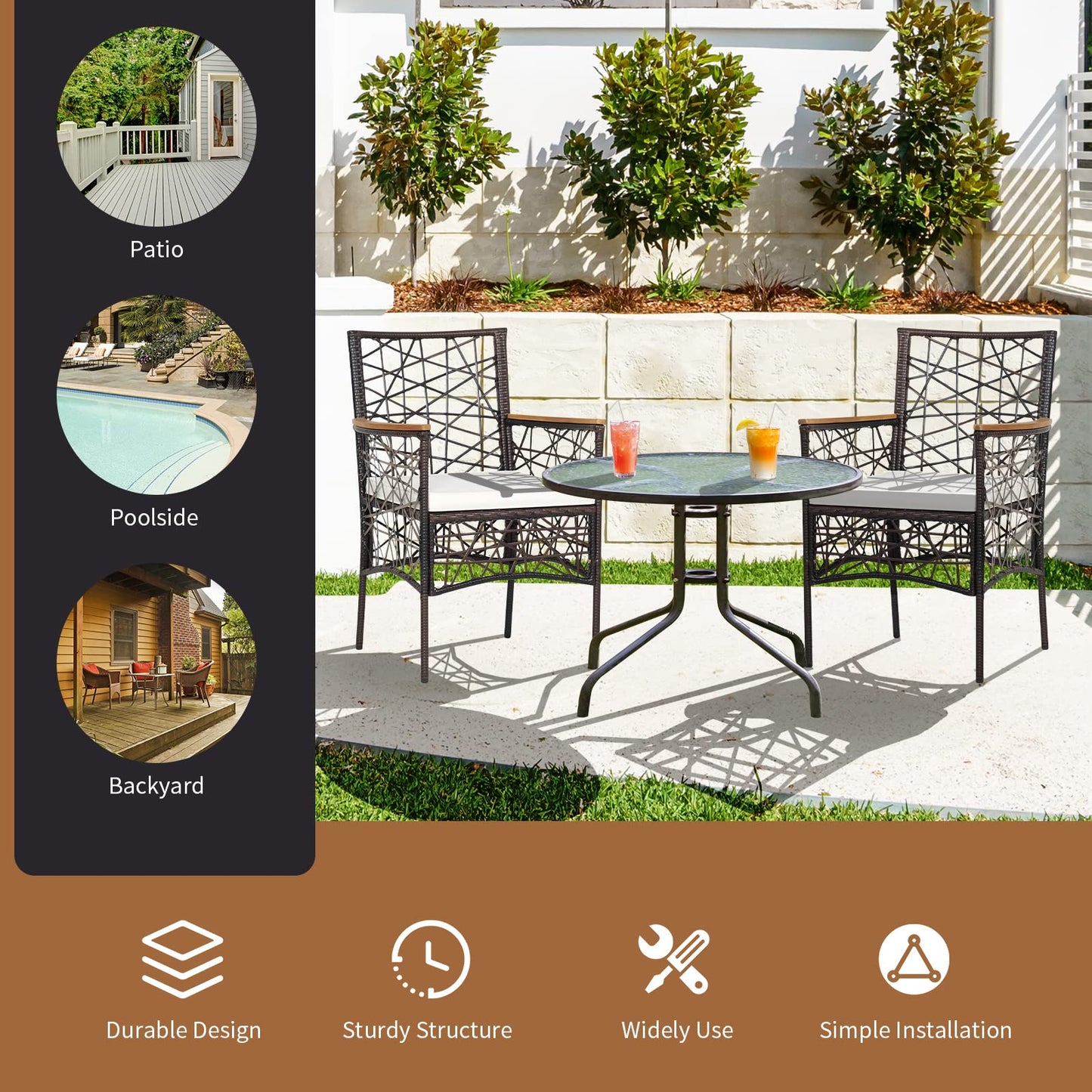 Tangkula Set of 2 Outdoor Dining Chairs, Patio Bistro Chairs with Acacia Wood Armrests and Soft Cushions