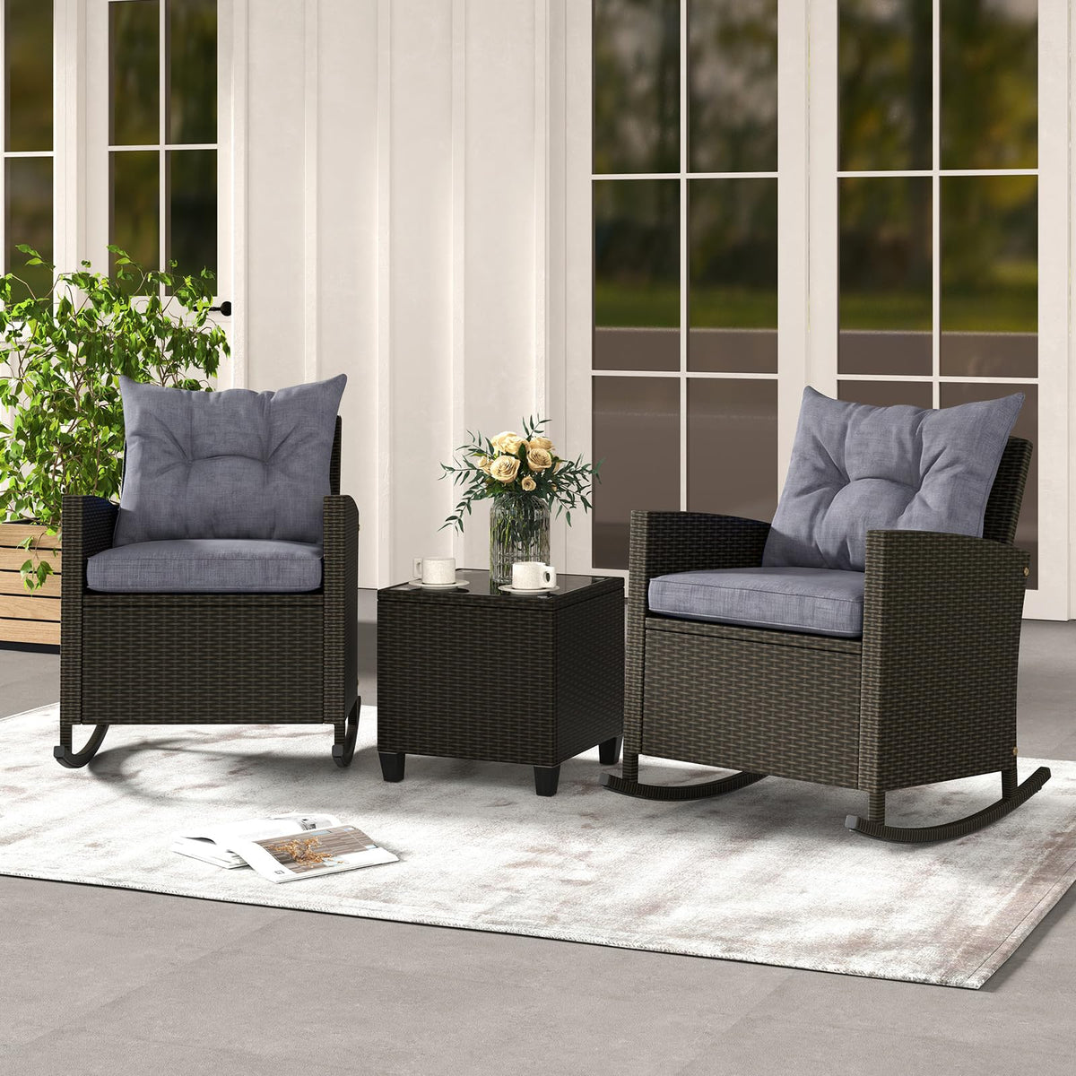 Tangkula 3 Piece Wicker Outdoor Rocking Chairs Set for Porch Garden Patio Backyard Poolside