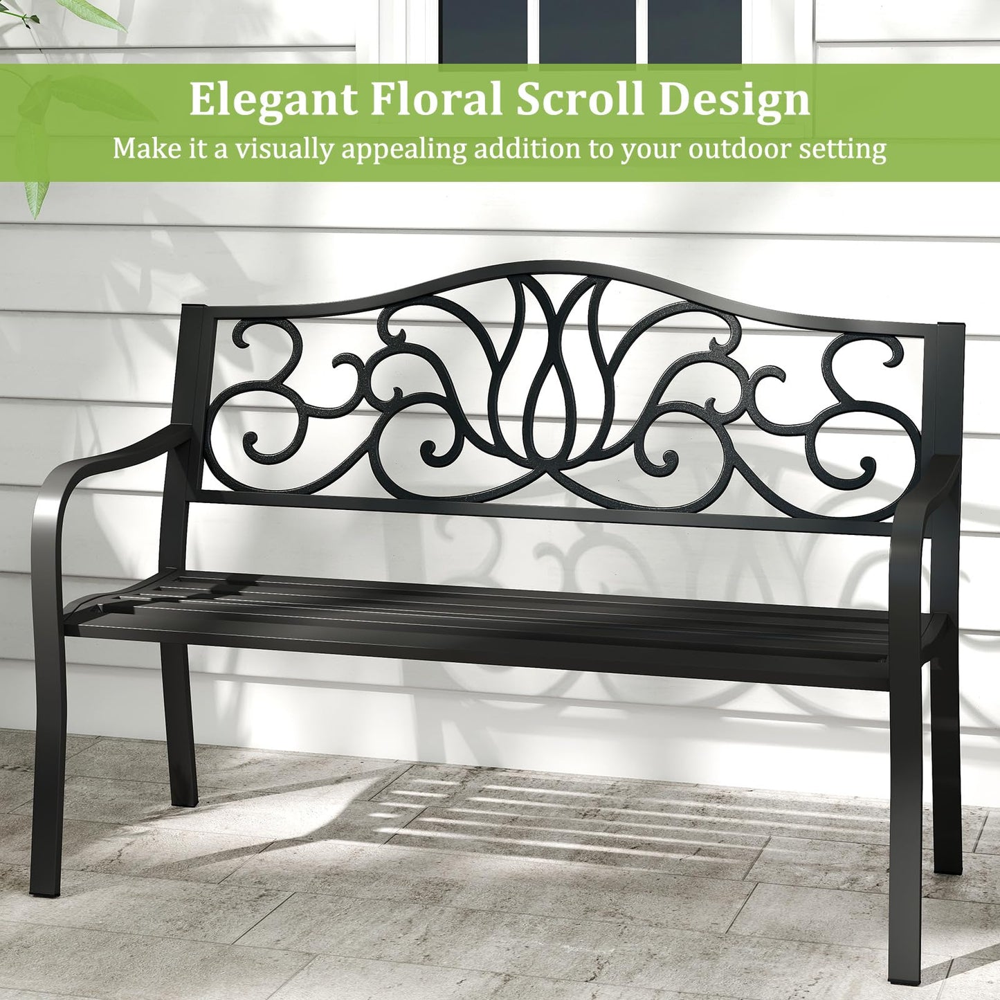Tangkula 50 Inches Outdoor Garden Bench with Floral Design Backrest and Slatted Seat