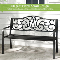 Tangkula 50 Inches Outdoor Garden Bench with Floral Design Backrest and Slatted Seat