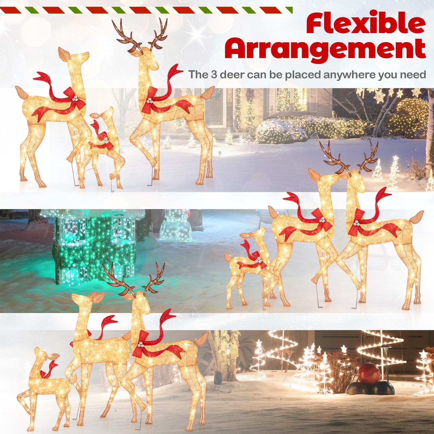 Tangkula 3-Piece Lighted Christmas Reindeer Family Set, Xmas Lighted Deer Decorations with 440 Warm White LED Lights & Stakes