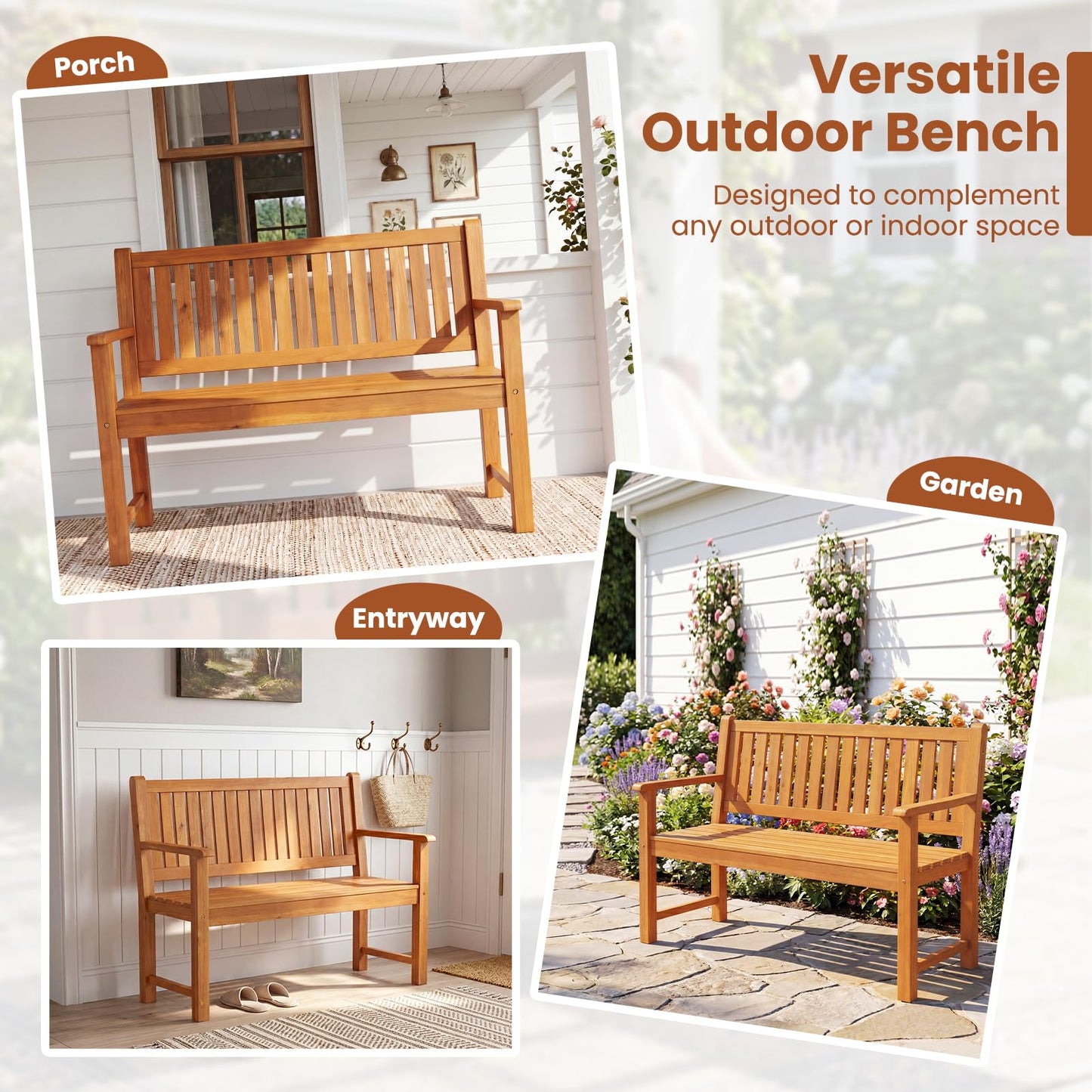 Tangkula 2-Seater Outdoor Wooden Bench with Slatted Seat