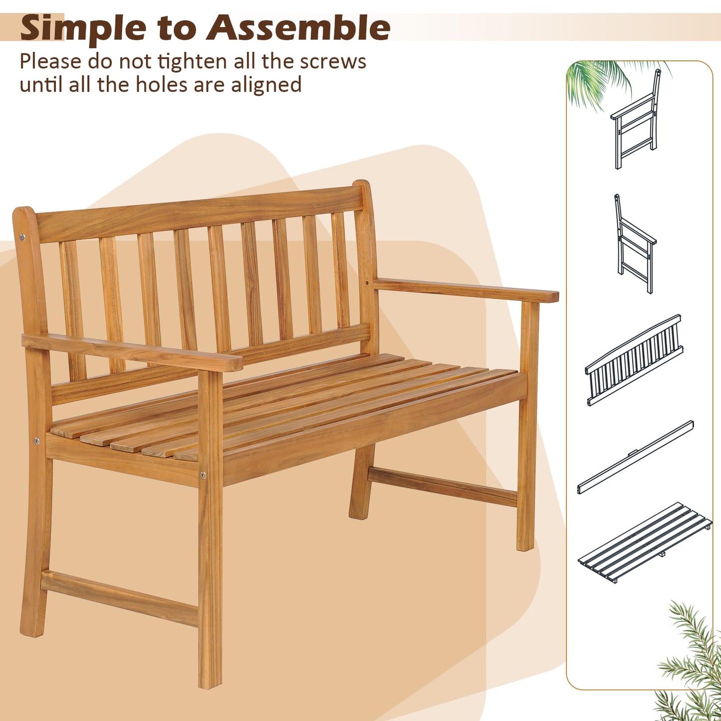 Tangkula Outdoor Acacia Wood Bench, 2-Person Garden Bench with Backrest and Armrests