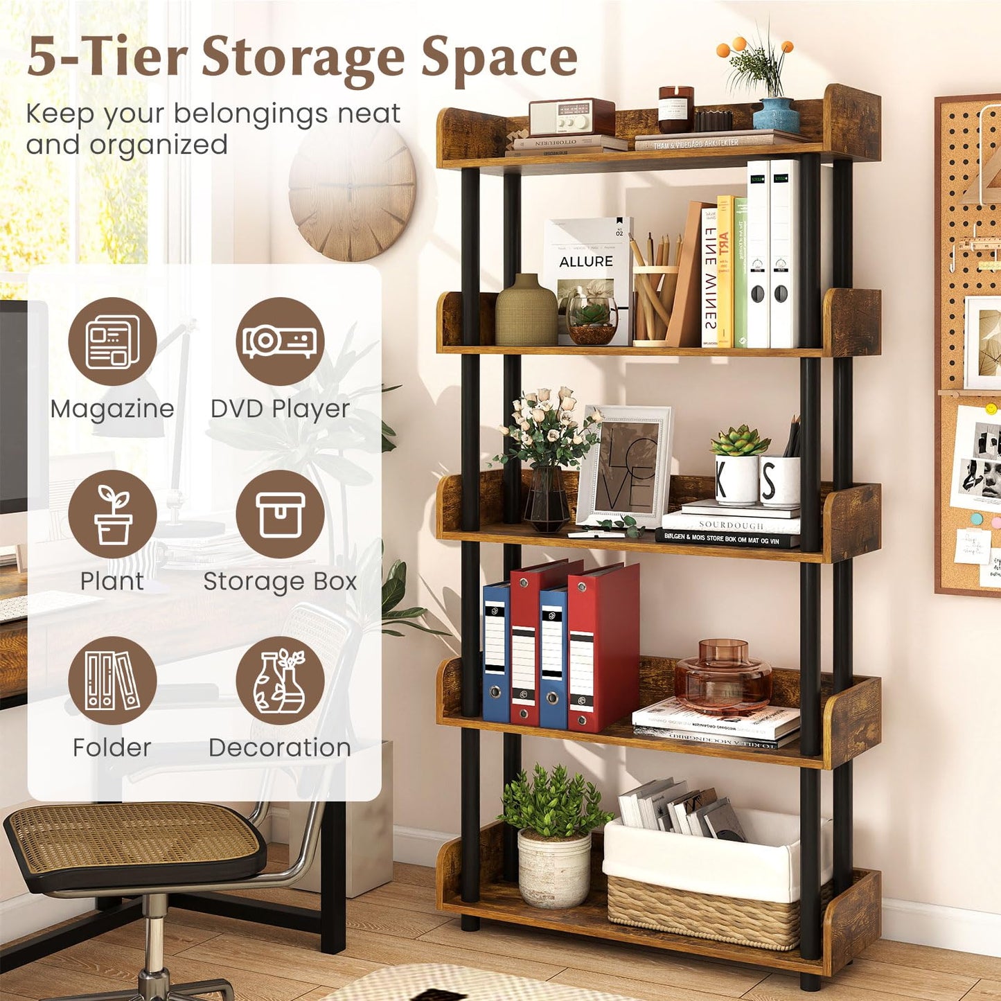 Tangkula 5-Tier Bookshelf Multipurpose Wood Standing Display Rack(1/2)