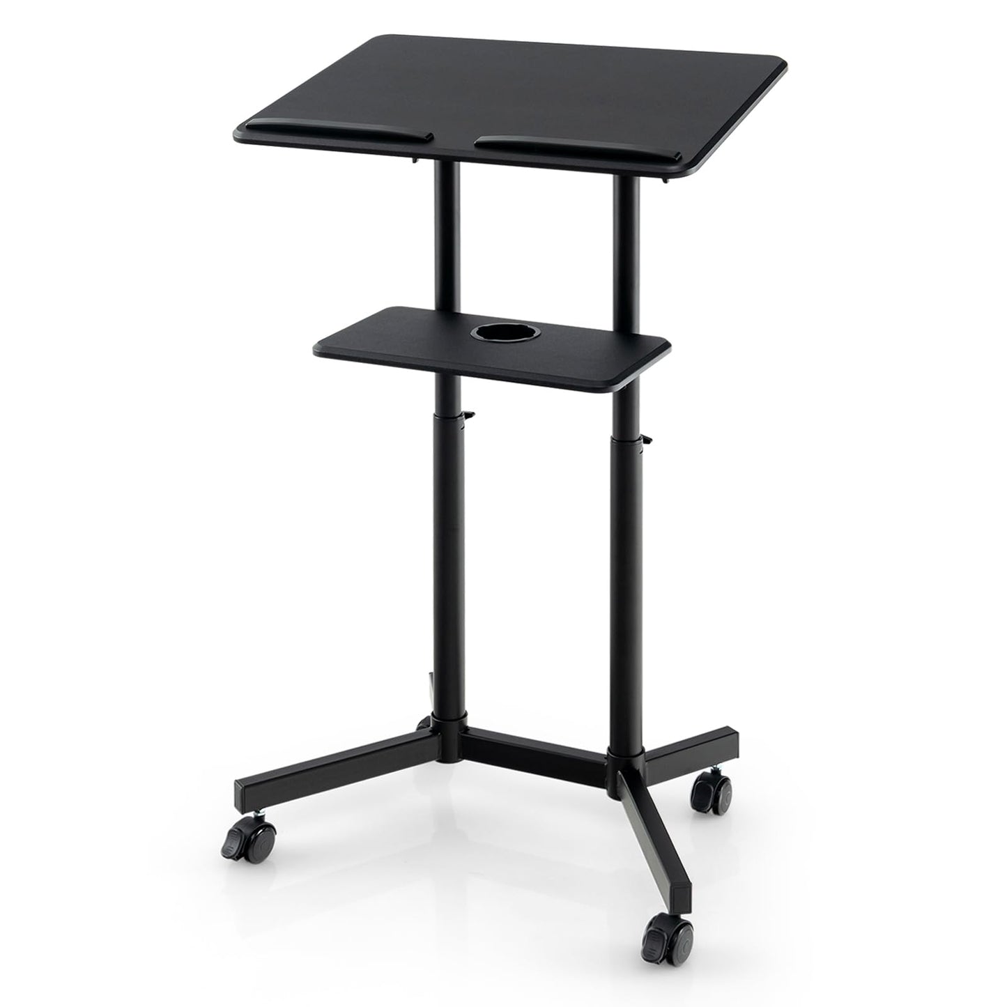 Tangkula Mobile Lectern Podium, Height-Adjustable Rolling Laptop cart with Tilting Top, Storage Tray & Cup Holder