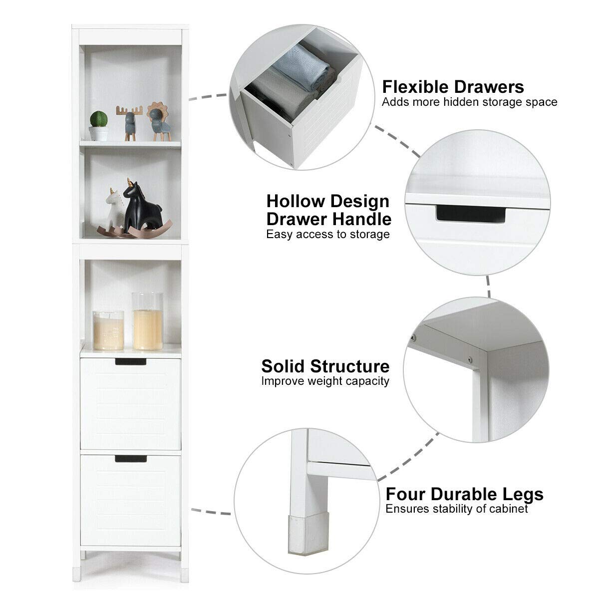 Tangkula Tall Bathroom Storage Cabinet, Multifunctional Bathroom Floor Cabinet with 3 Tier Shelves and 2 Drawers