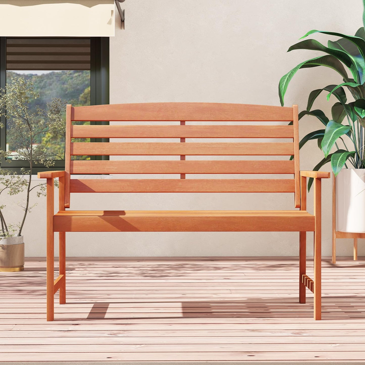 Tangkula Wooden Garden Bench, 2-Person Patio Loveseat with Slatted Backrest
