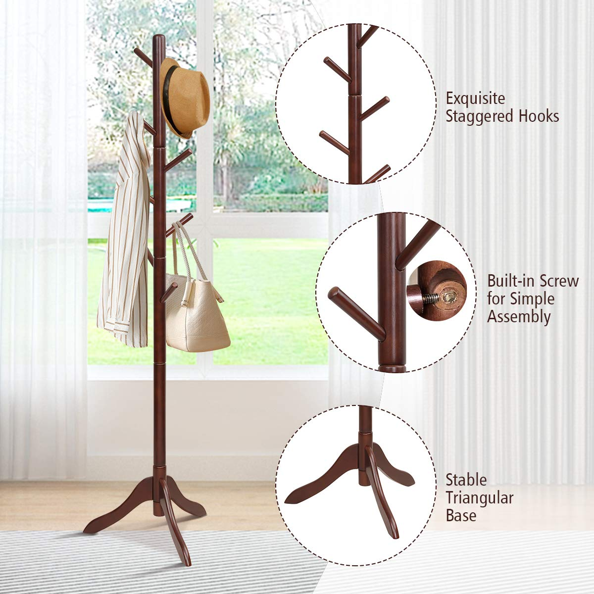 Tangkula Wooden Tree Coat Rack Freestanding, Entryway Coat Stand with 8 Hooks