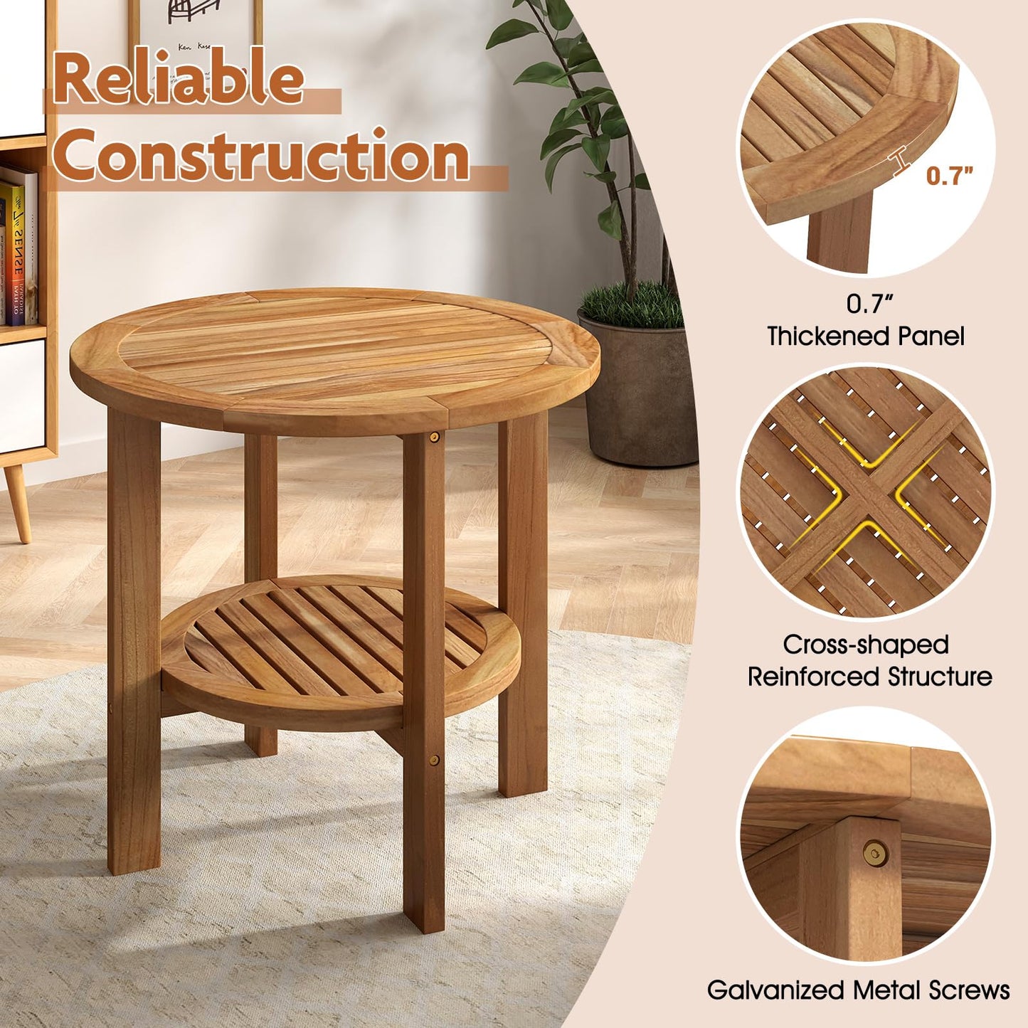 Tangkula Table d'appoint ronde d'extérieur, bois de teck, table d'appoint de patio de 49,5 cm avec étagère de rangement à lattes