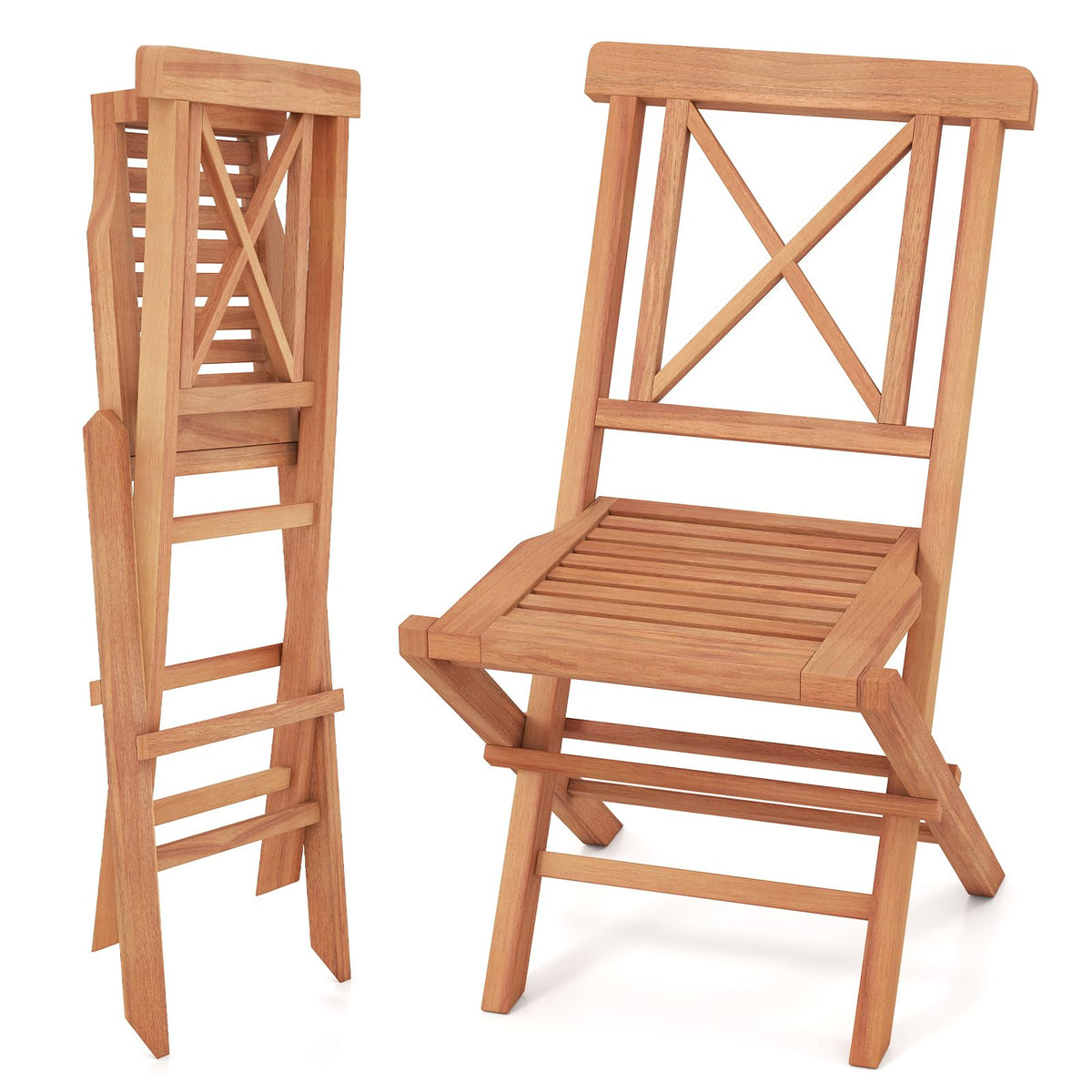 Tangkula Teak Wood Folding Patio Chairs Set of 2/4 (X-Shaped Back）