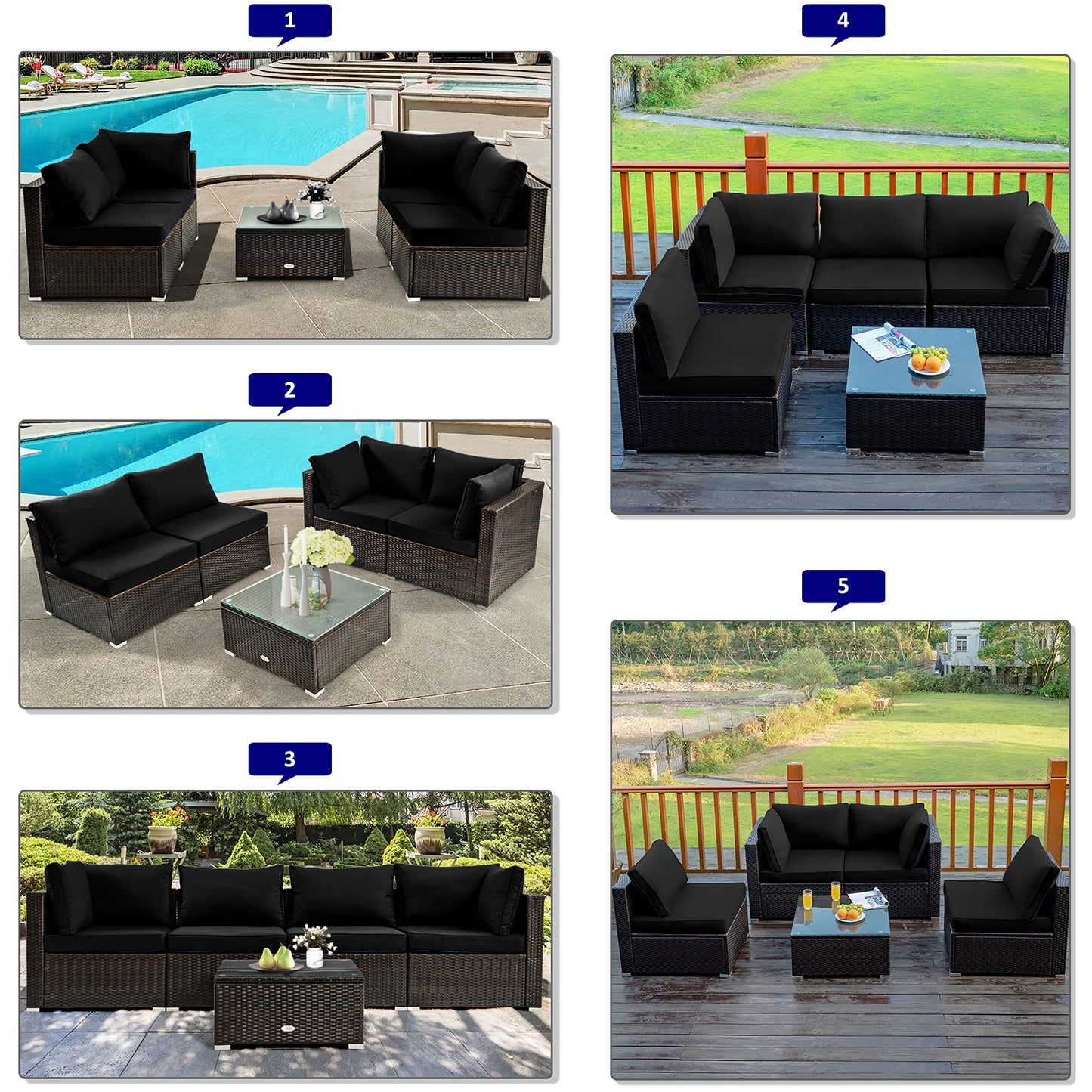 Tangkula 6 Pieces PE Rattan Wicker Sectional Sofa with 42" 60,000 BTU Gas Fire Pit Table