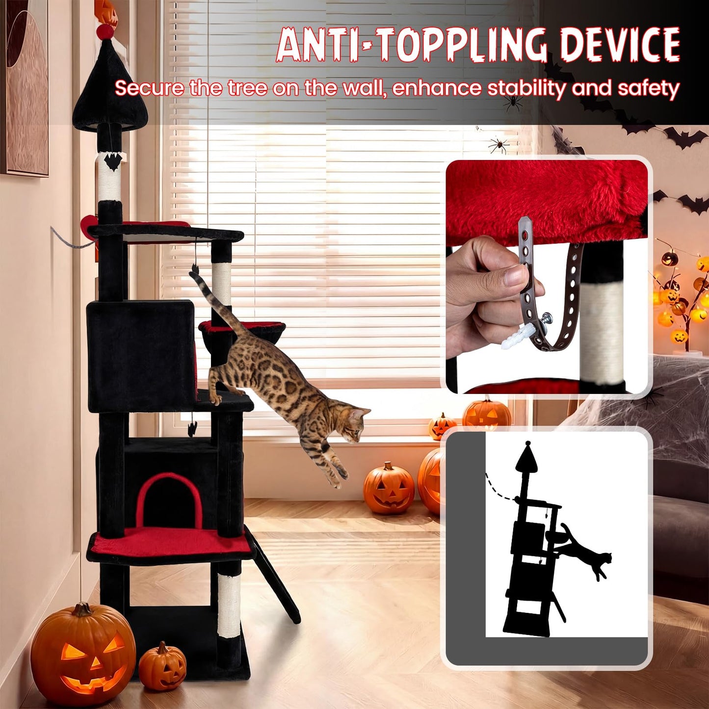 Tangkula 75" Tall Halloween Cat Tower with Sisal Scratching Posts & Ramp