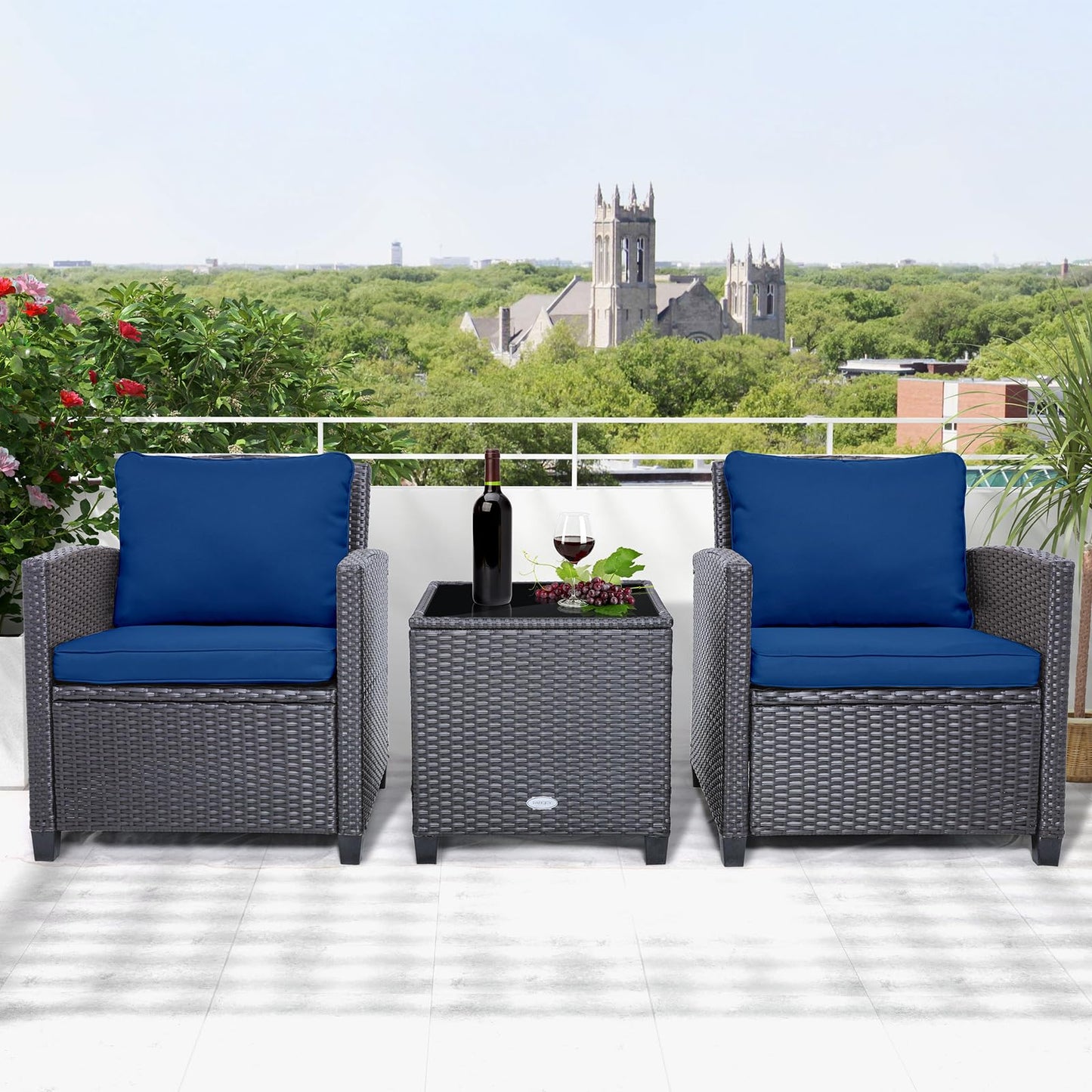 Tangkula 3 Pieces Patio PE Wicker Furniture Set with 4 Bonus Cushion Covers
