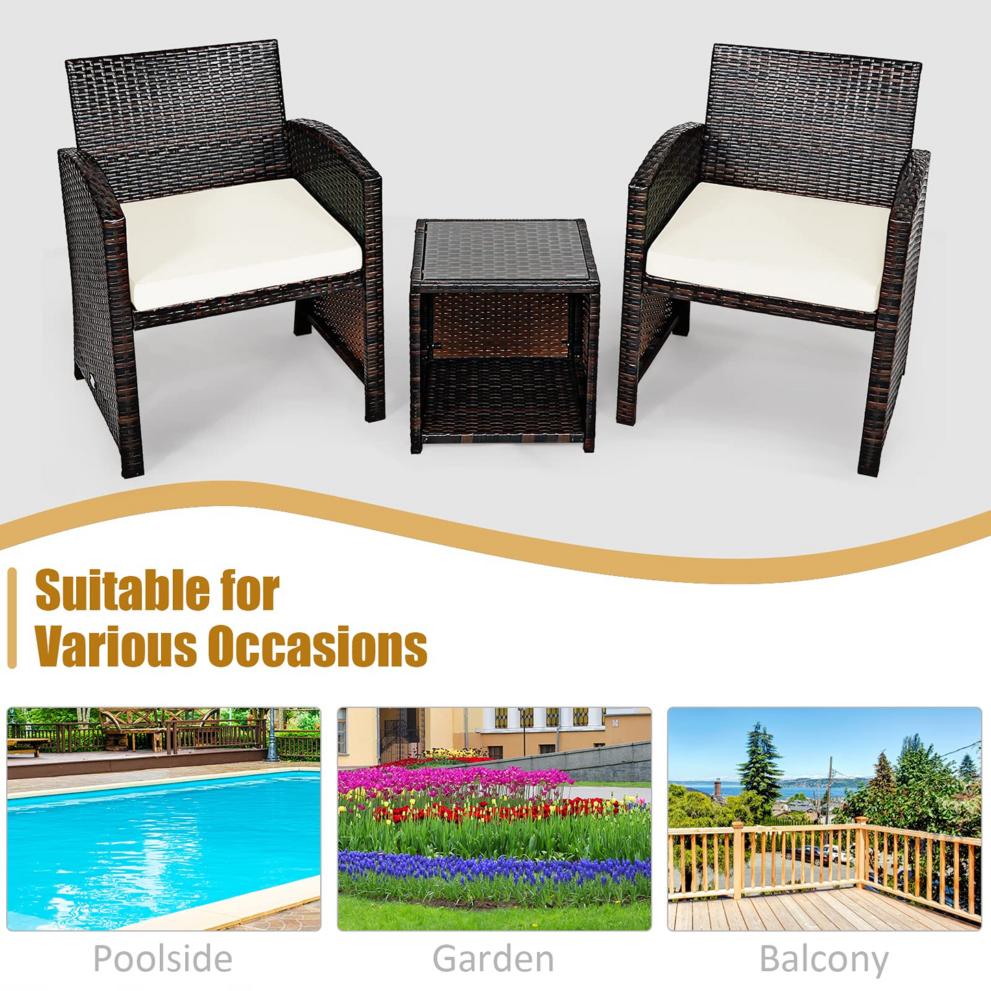 Tangkula 3-Piece Outdoor PE Rattan Furniture Set, Patio Conversation Set w/Chair & Storage Coffee Table