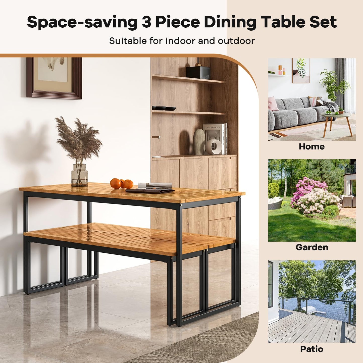 Tangkula Patio Dining Bench, 2-3-person Backless Bench with Slatted Seat & Metal Legs, Indoor Outdoor Bench for Entryway
