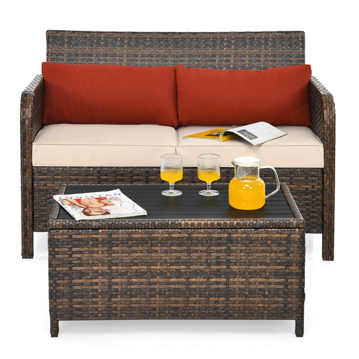 Tangkula 2-Piece Outdoor Rattan Loveseat w/Coffee Table