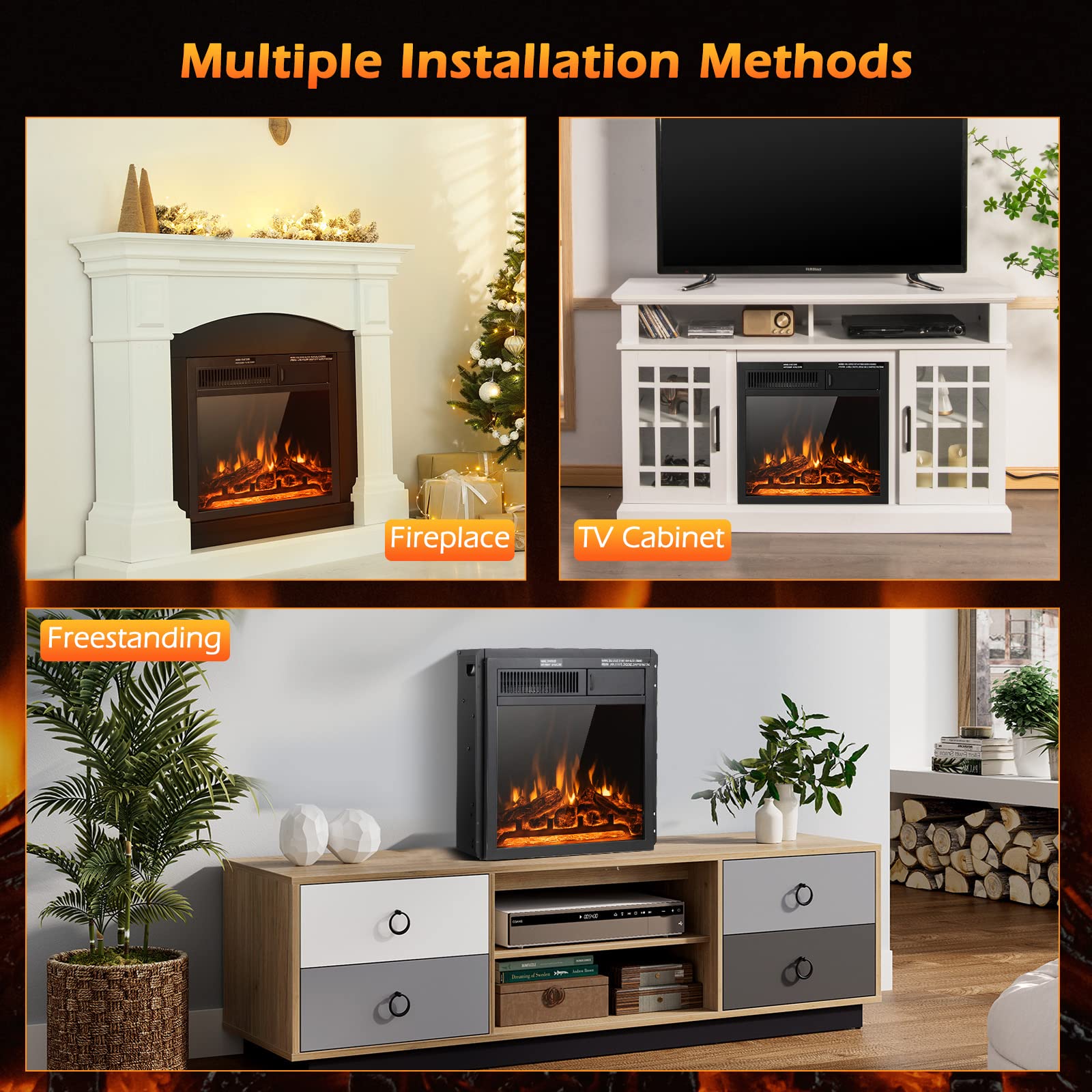 18 Inch Electric Fireplace, 5100 BTU Freestanding Electric Fireplace Heater - Tangkula