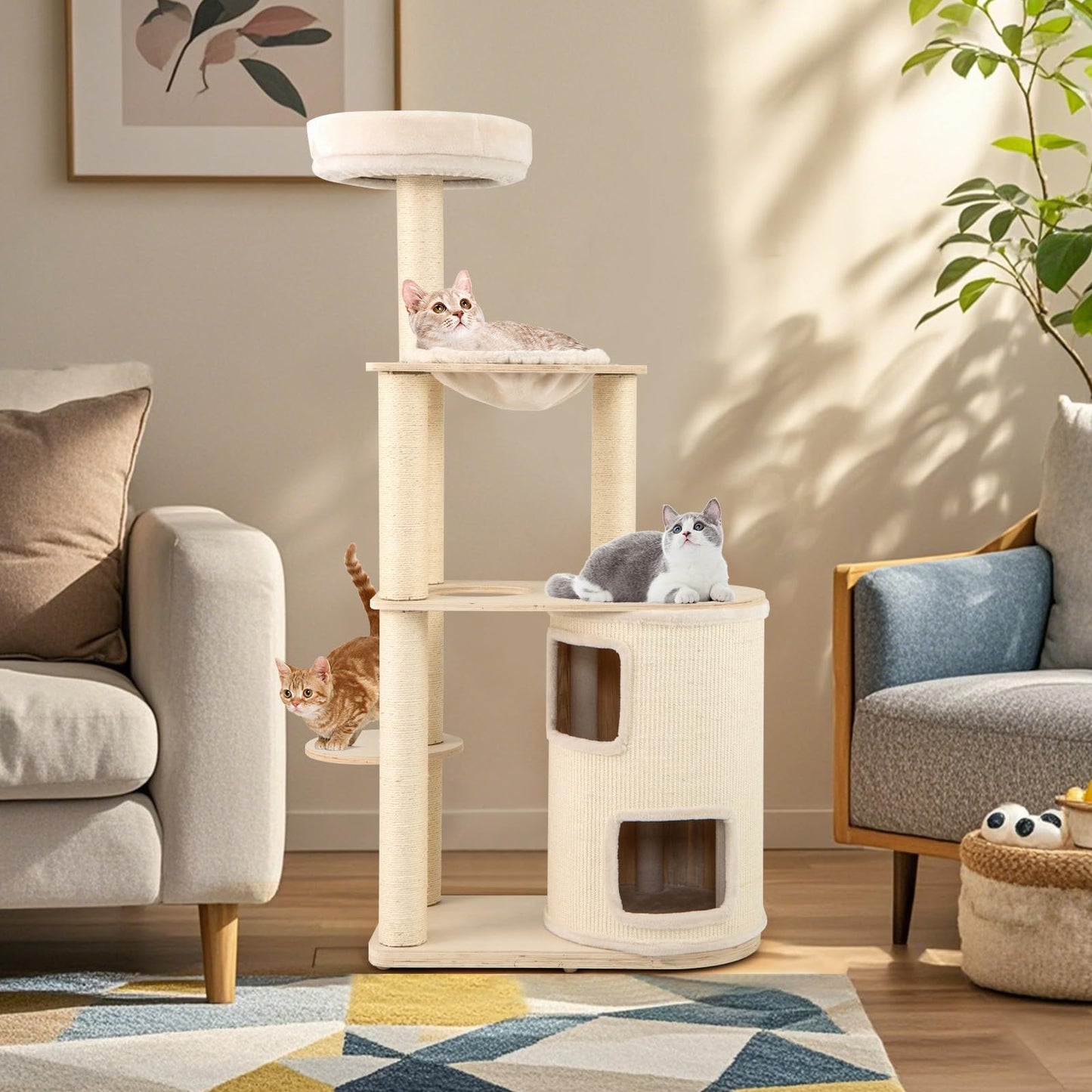 Tangkula 60 Inch Multi Level Modern Wooden Cat Tower with 2 Story Condo