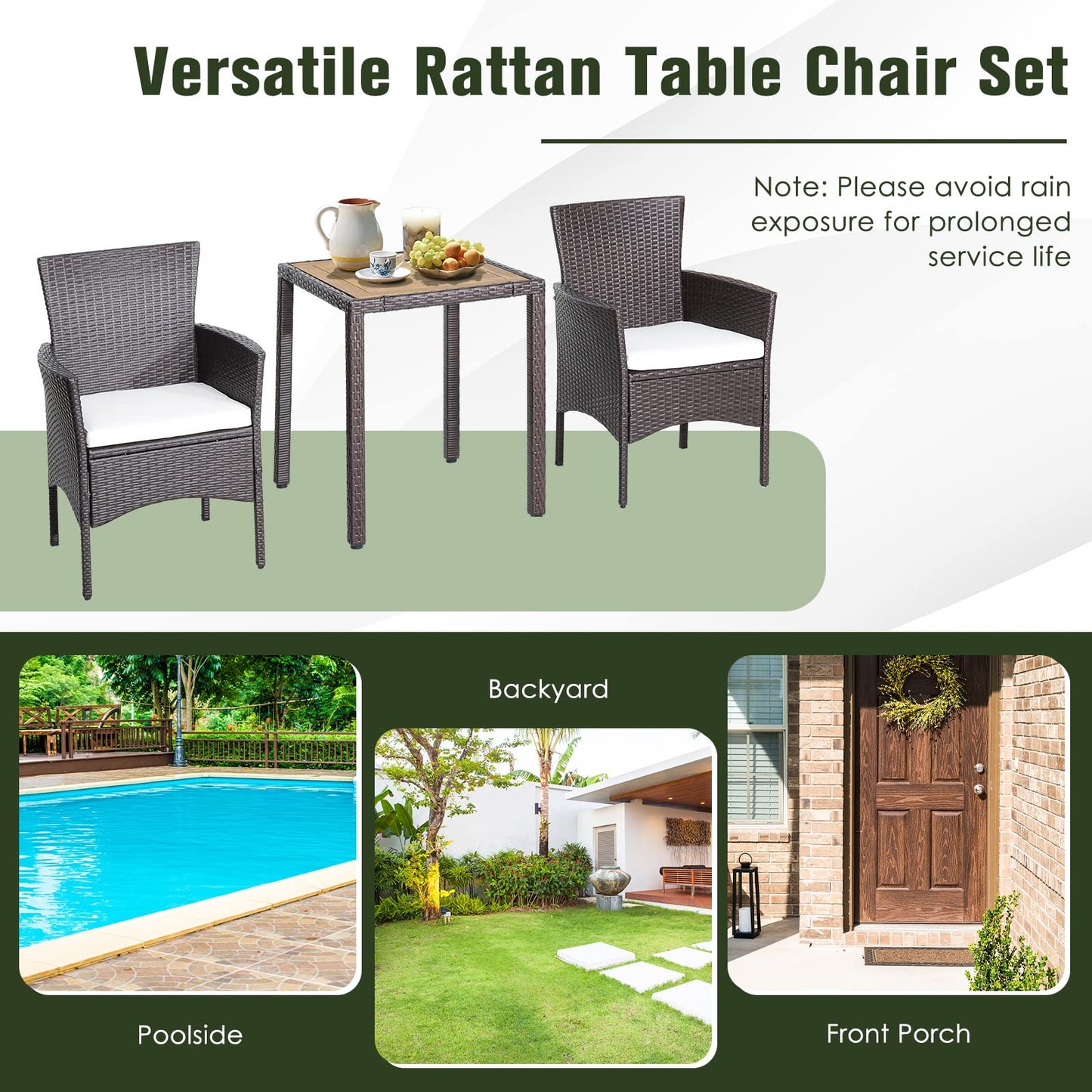 Tangkula 3 Pieces Patio Furniture Set, Outdoor Mix Brown Wicker Dining Set