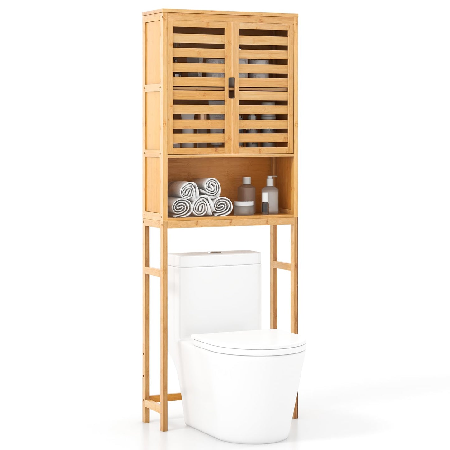 Tangkula Over The Toilet Storage Cabinet Tall Natural Bamboo Bathroom Shelf Over Toilet