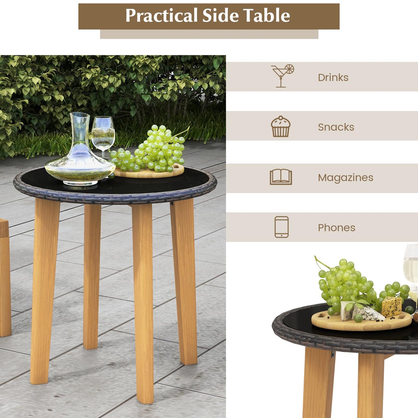 Tangkula 3 Piece Patio Chair Set, Wicker Chair & Side Table Set with Soft Cushions & Tempered Glass Tabletop