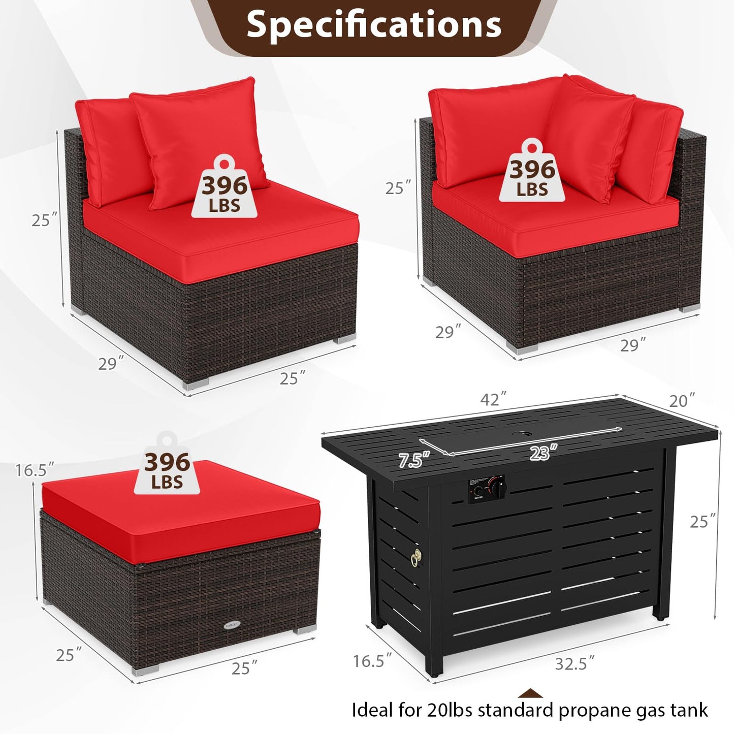 Tangkula 5 Piece Patio Rattan Sectional Sofa Set with 60,000 BTU Firepit Table