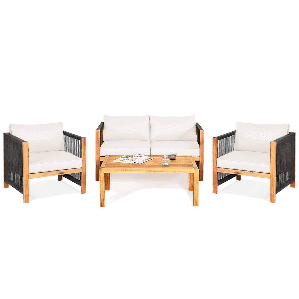 Outdoor Wood Furniture Set, Acacia Wood Frame Loveseat Sofa, 2 Single Chairs and Coffee Table