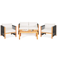 Outdoor Wood Furniture Set, Acacia Wood Frame Loveseat Sofa, 2 Single Chairs and Coffee Table