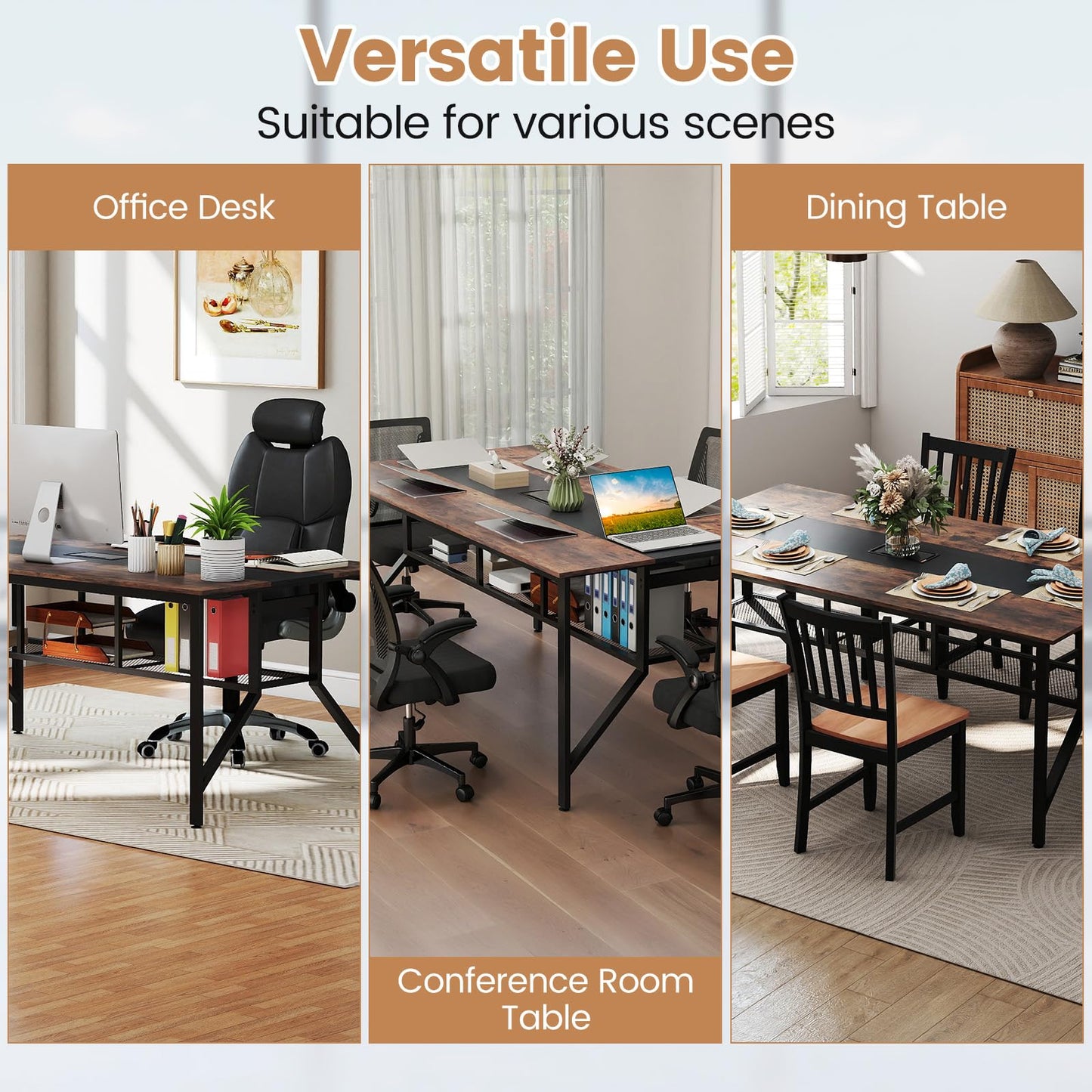 Tangkula 6 FT Rectangular Conference Table with Mesh Storage Shelf & Cable Grommet