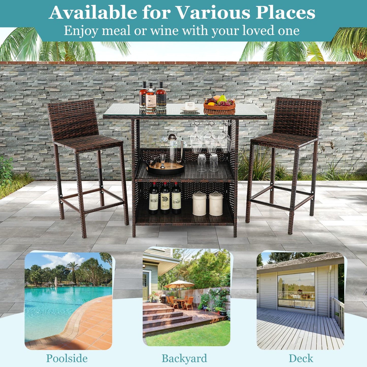 Tangkula Outdoor Bar Set, 3 Pieces Patio Wicker Bar Height Table and Chair Set with 3 Rows Stemware Racks