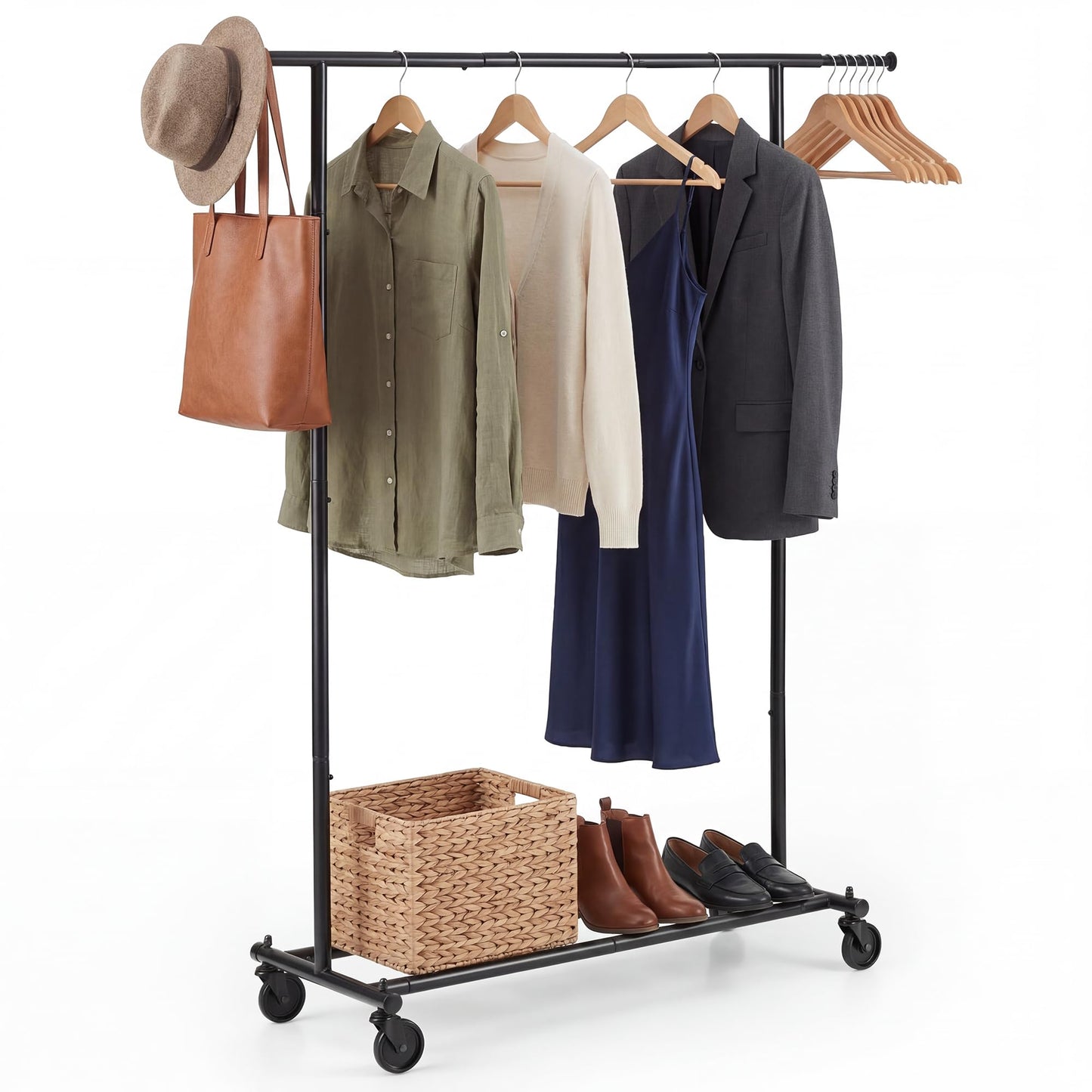 Tangkula Rolling Clothes Rack with Extendable Hanging Rods (41"-61.5" L)